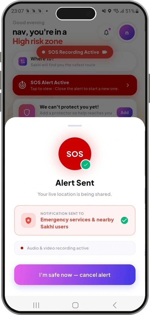 SOS alert sent — live location shared with emergency services and nearby Sakhi users